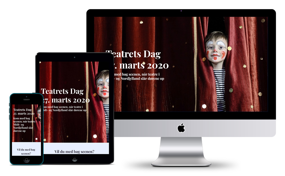 Mockup med iphone, ipad og pc af hjemmeside til kulturbegivenhed - Teatrets Dag