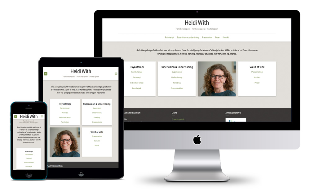 Mockup med iphone, ipad og pc af hjemmeside til psykoterapeut