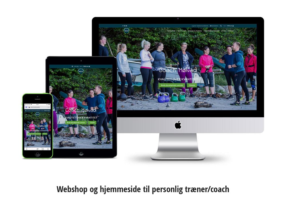 Mockup med iphone, ipad og pc af hjemmeside til personlig træner