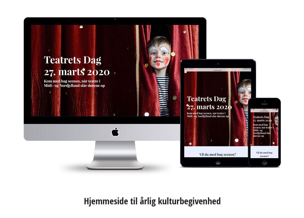 Mockup med iphone, ipad og pc af hjemmeside til kulturbegivenhed - Teatrets Dag