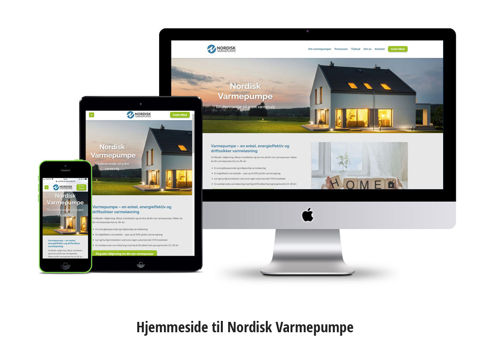 Mockup med iphone, ipad og pc af hjemmeside til nordisk varmepumpe
