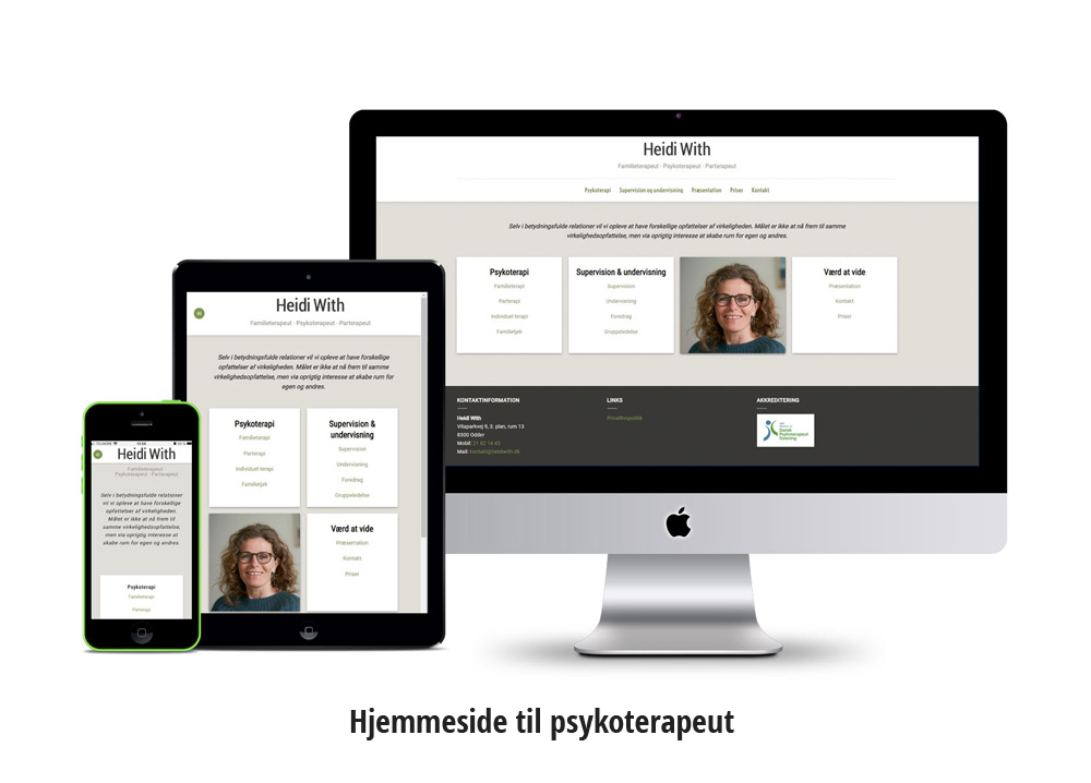 Mockup med iphone, ipad og pc af hjemmeside til psykoterapeut