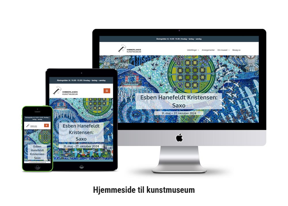 Mockup med iphone, ipad og pc af hjemmeside til kunstmuseum