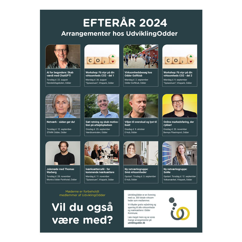 Annonce til Udvikling Odder med billeder af indlægsholdere til arrangementer i efteråret 2024