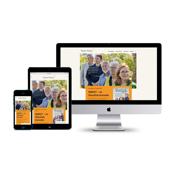 Mockup med pc, mobil og tablet af hjemmeside til Teater Udsyn